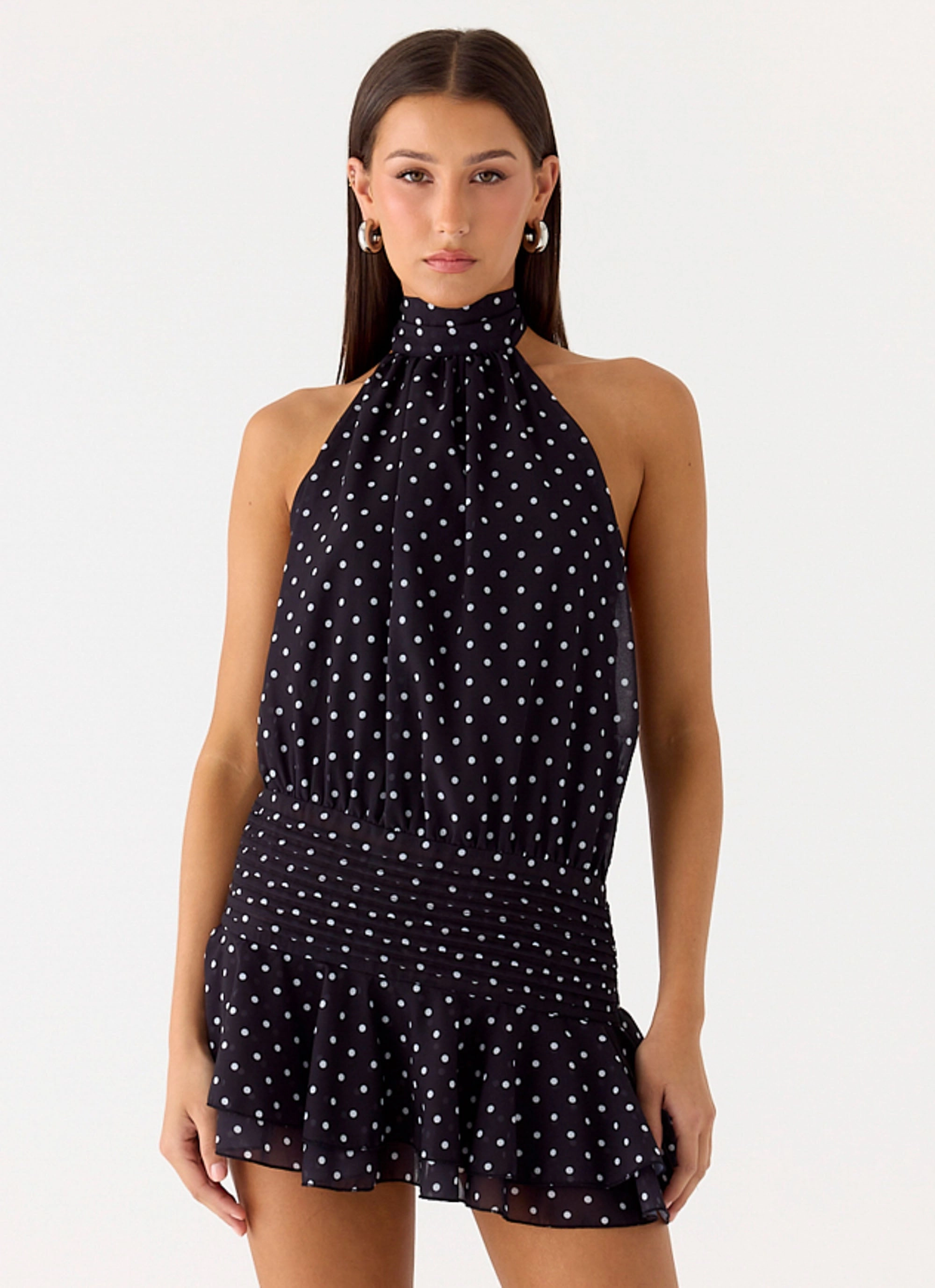 Wrap style Willow Chiffon Mini Dress - Black Polkadot