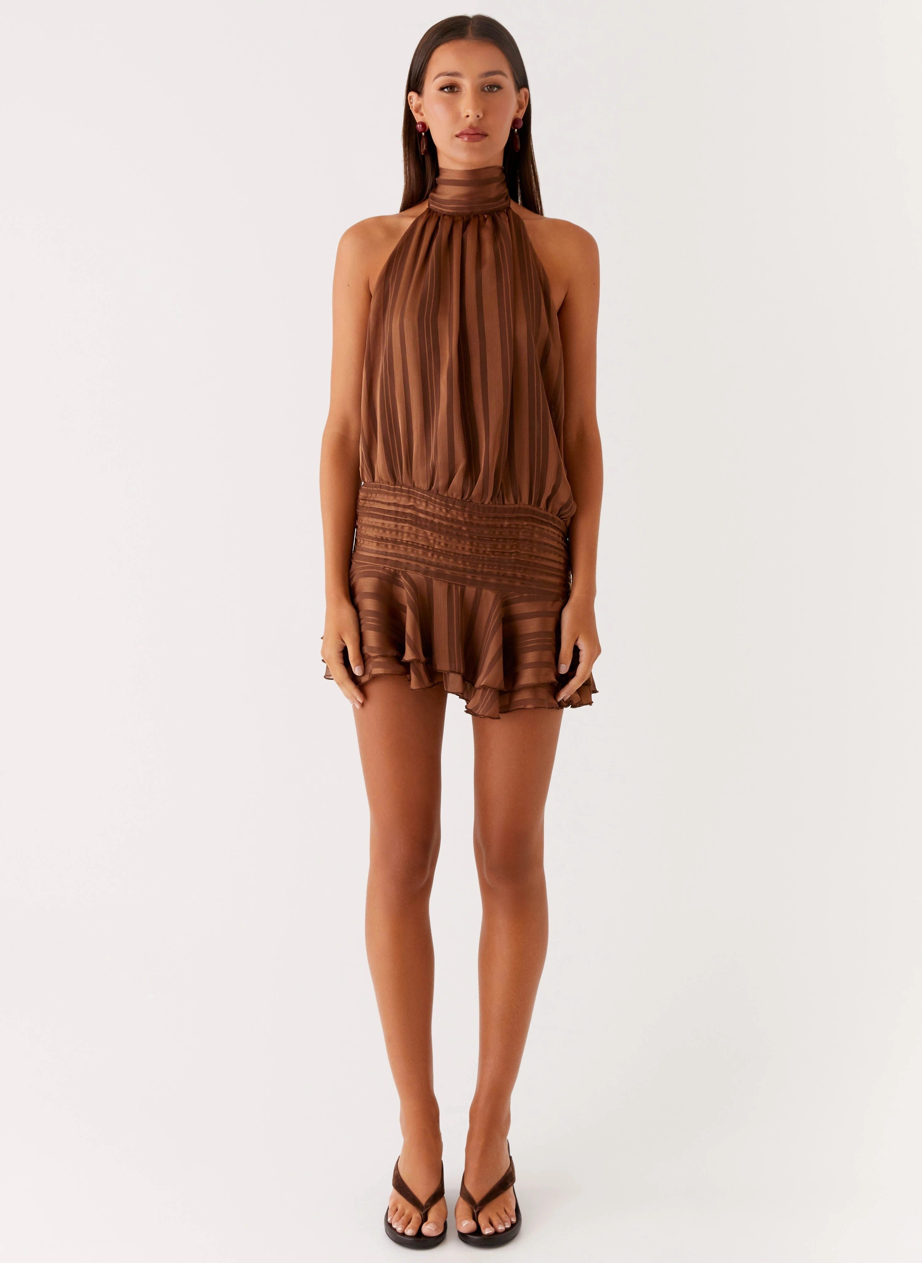 Elegant Silhouette Travel Edge Willow Chiffon Mini Dress - Chocolate