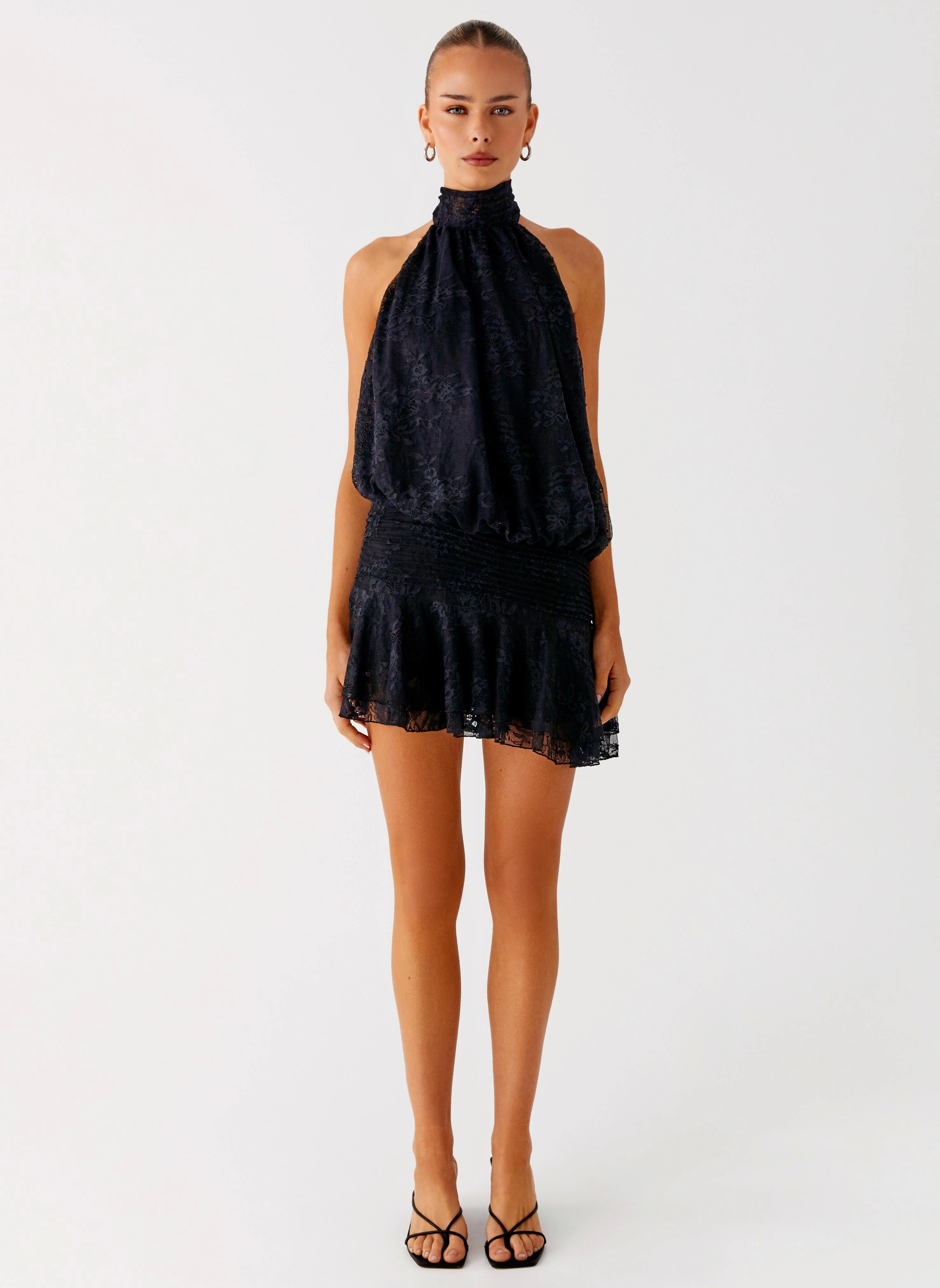 Draped-Style Willow Lace Mini Dress - Black Lace
