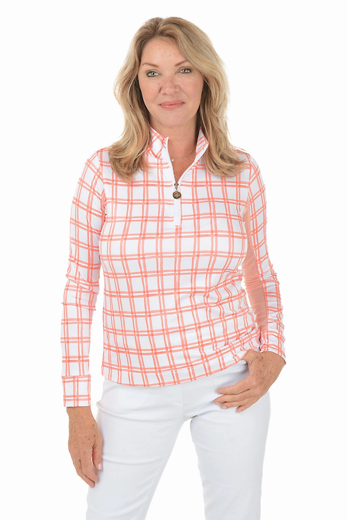 Windowpane Plaid UPF50 Mock Neck Sun Shirt TaglessCollar