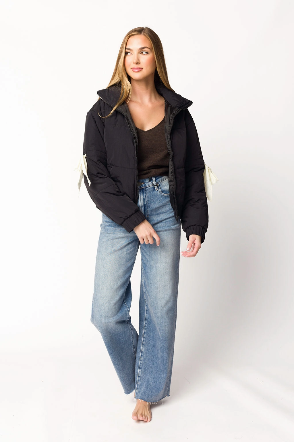 Andy Bow Cropped Puffer Jacket in Black summer top