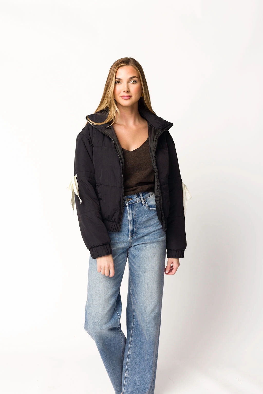 Ethically Sourced Yarn Andy Bow Cropped Puffer Jacket in Black