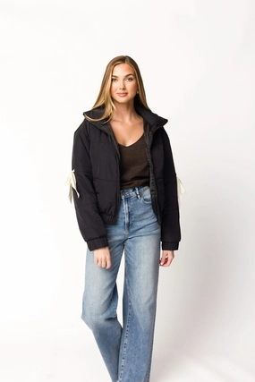 Ethically Sourced Yarn Andy Bow Cropped Puffer Jacket in Black