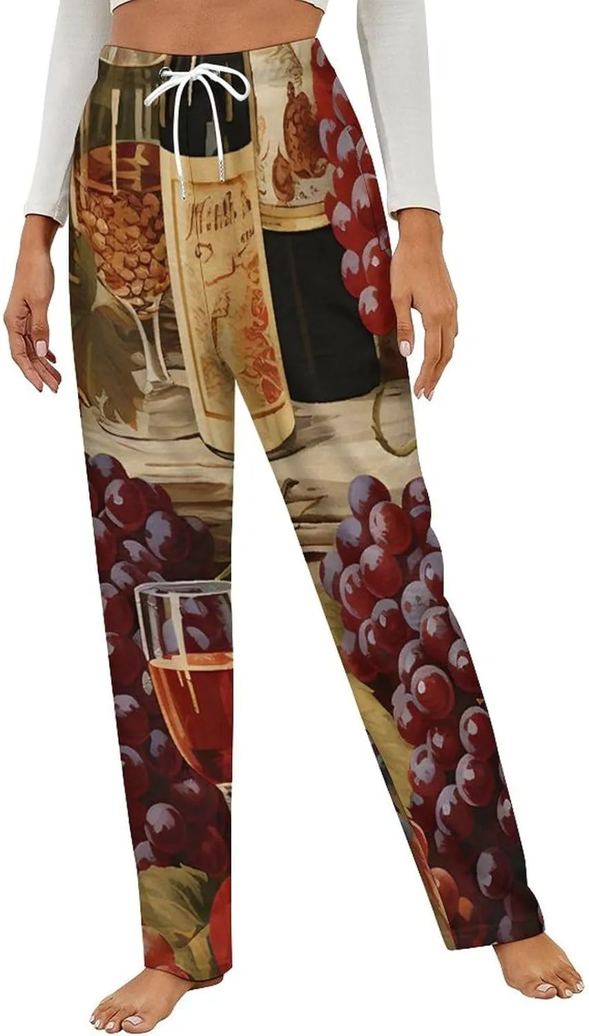 Wine Bottle And Grape Women's Flannel Pajama Pants Fleece Lounge Sleep Bottoms PJ