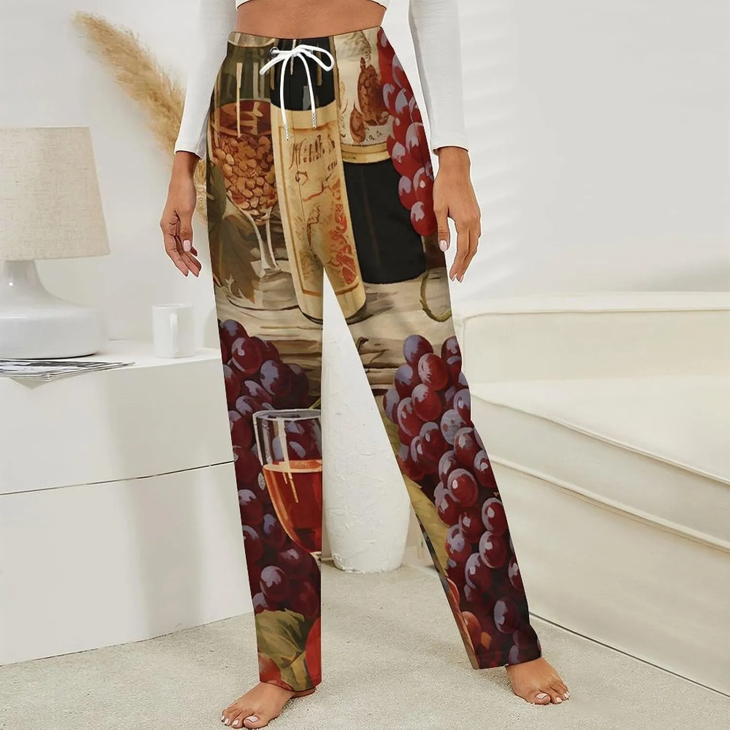 Wine Bottle And Grape Women's Flannel Pajama Pants Fleece Lounge Sleep Bottoms PJ