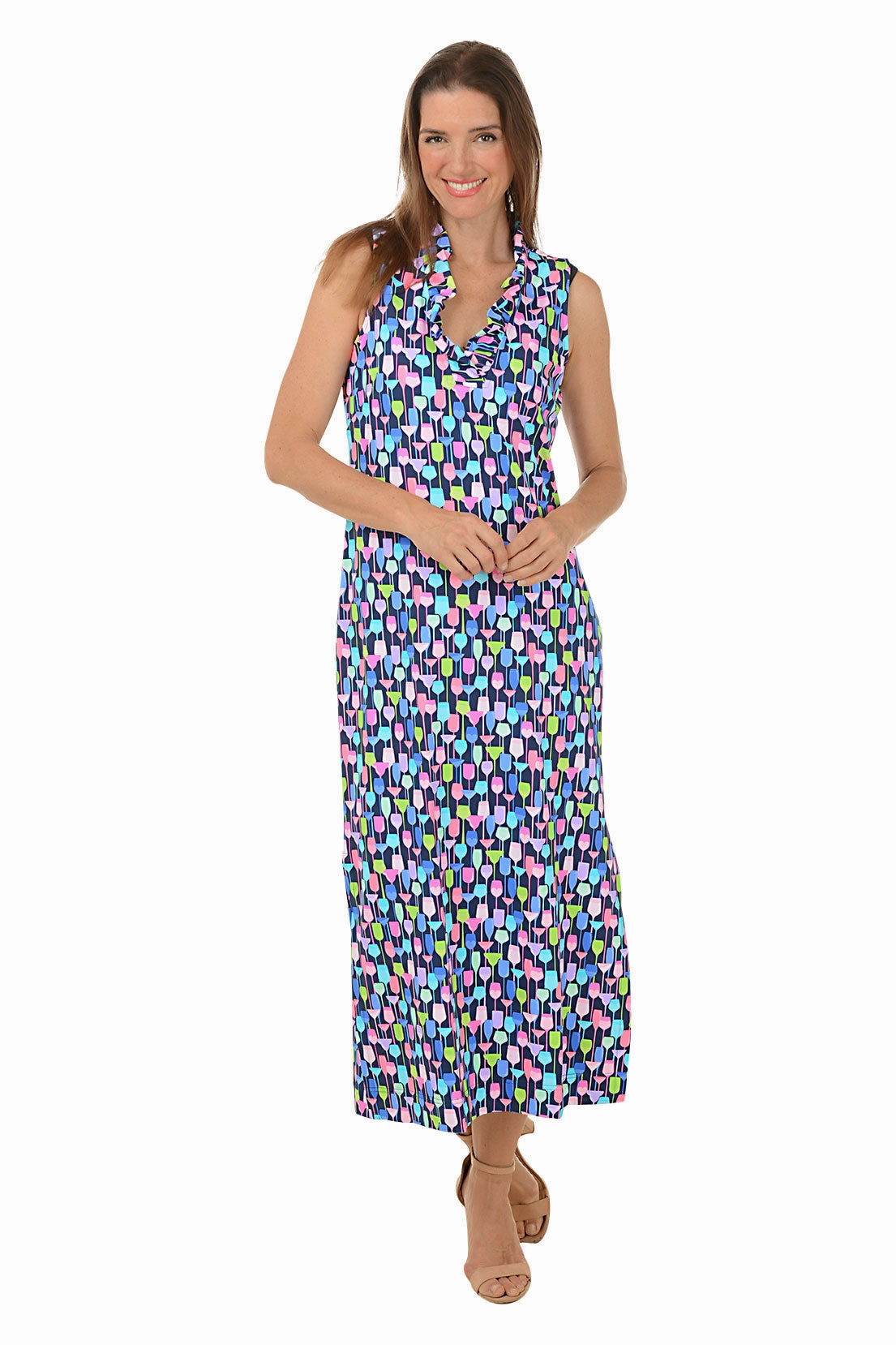 Wine Glasses UPF50  Ruffle Neck Sleeveless Maxi Dress Festival-Ready Seamless-Look