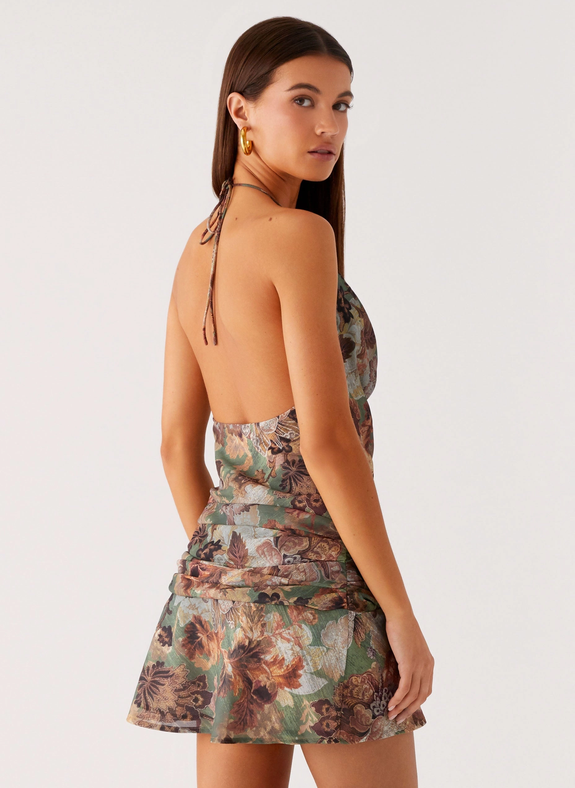 Relaxed and Elegant Satin-Edge Wineweather Cowl Mini Dress - Vintage Blossom