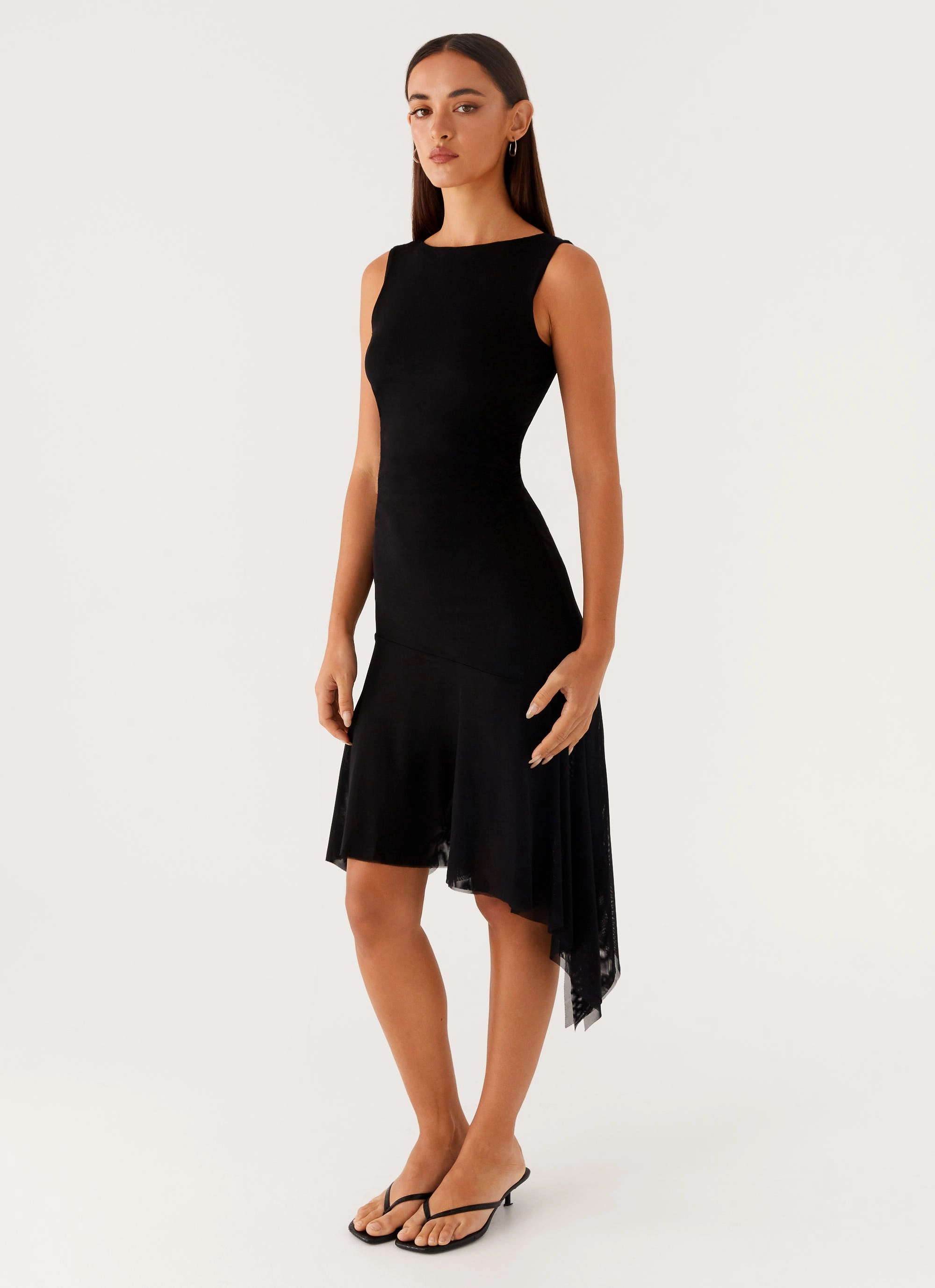 Winona Midi Dress - Black Gathered-Detail Layered Comfort Wear