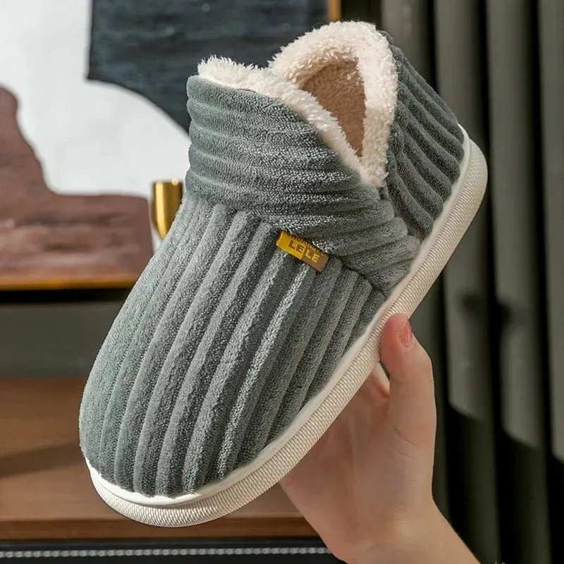 Winter Couple Cotton Slippers – Plush Wrap Heels, Non-Slip Warm Cotton Flip-Flops for Women & Men, Perfect for Home Comfort