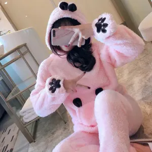 Winter Warm Flannel Pajamas Set Women's Autumn Women Pyjamas Sets Thick Coral Velvet Long Sleeve Cartoon Hooded Sleepwear S4777671