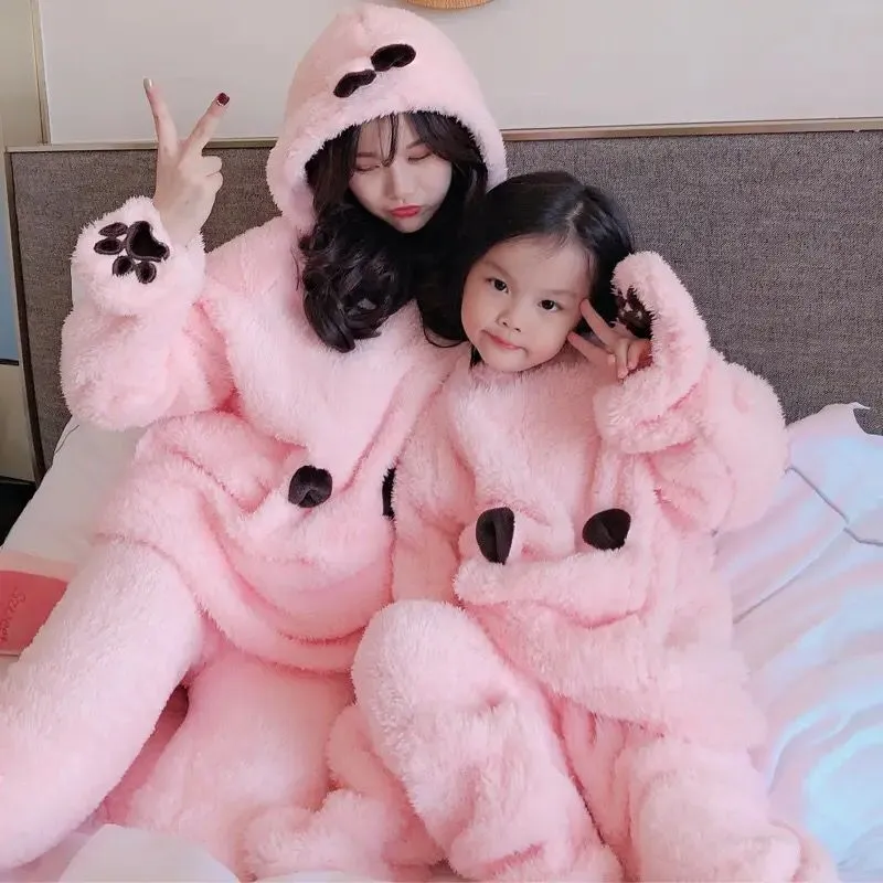 Winter Warm Flannel Pajamas Set Women's Autumn Women Pyjamas Sets Thick Coral Velvet Long Sleeve Cartoon Hooded Sleepwear S4777671
