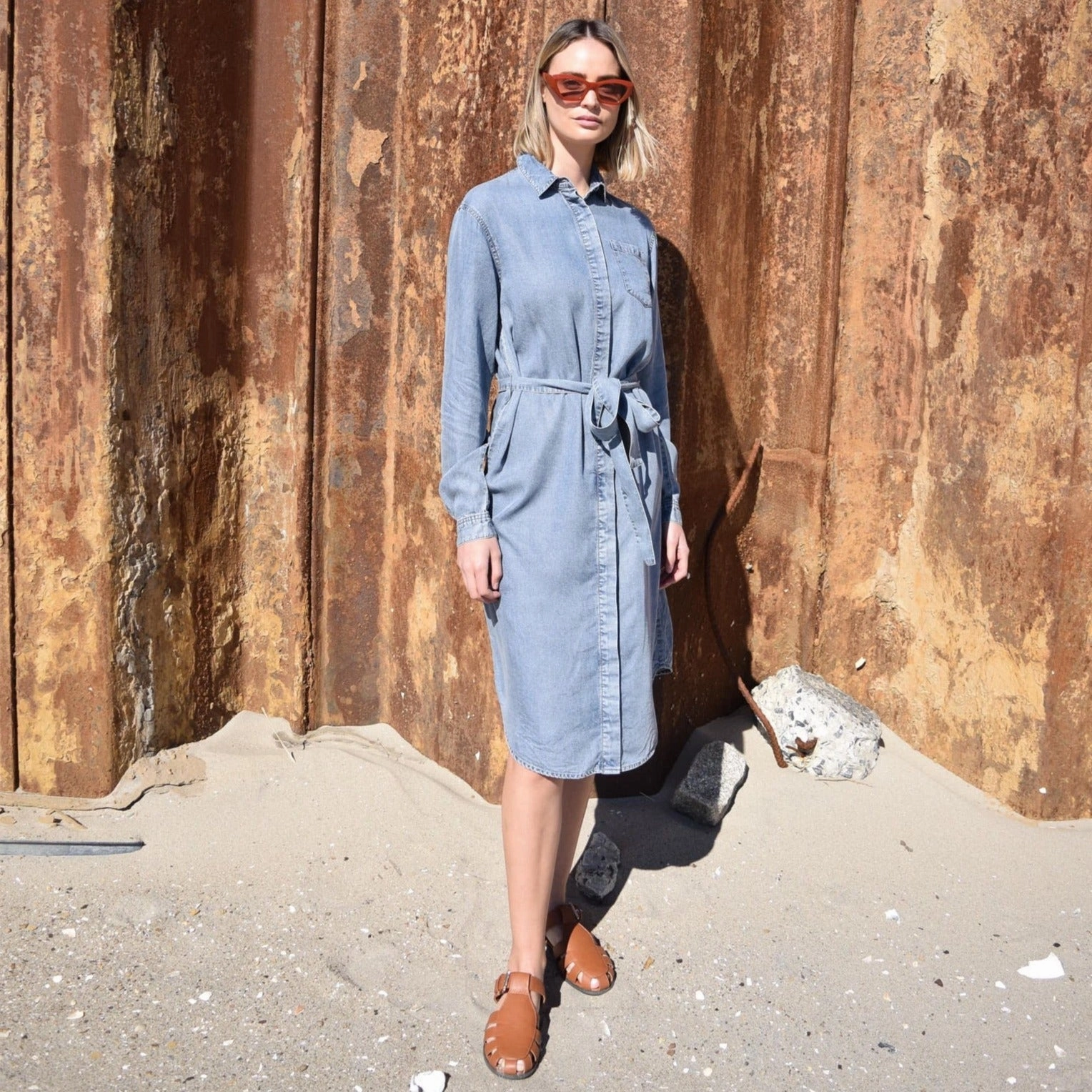 Denim Shirt Dress [Final Sale] Pleated-Texture Floral Pattern