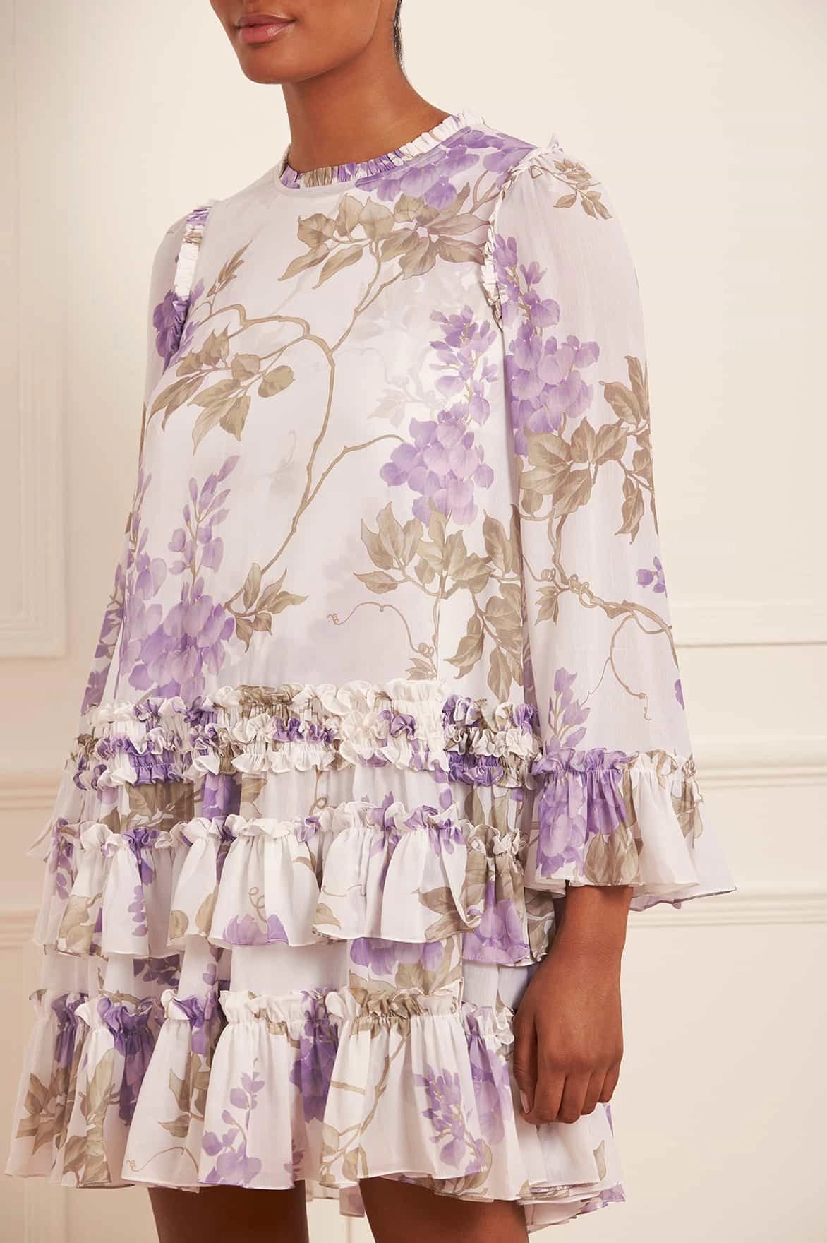 Relaxed Style Wear Wisteria Chiffon Round Neck Mini Dress