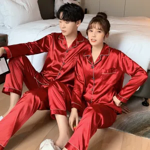Wjczt Solid Color Sleepwear Silk Satin Pajamas Couple Set Long Button-Down Pyjamas Suit Pijama Women Men Loungewear Plus Size Pj Set