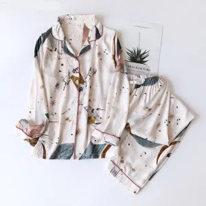 Wjczt Women's Two-Piece Home Suit For Spring And Aummer Thin Long-Sleeved Viscose Cotton Pants Pajamas Women Summer Pyjamas Set