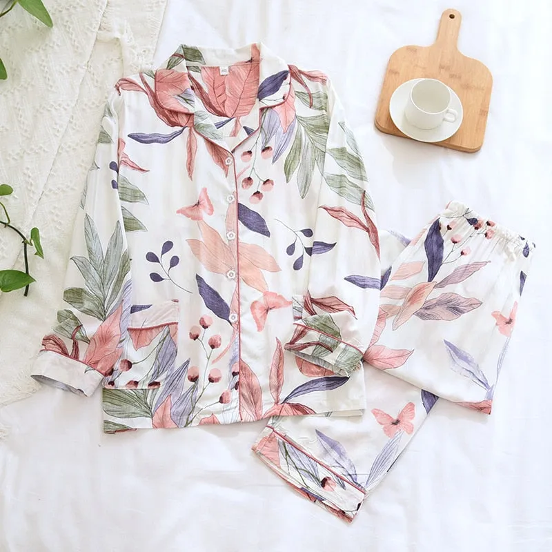 Wjczt Women's Two-Piece Home Suit For Spring And Aummer Thin Long-Sleeved Viscose Cotton Pants Pajamas Women Summer Pyjamas Set
