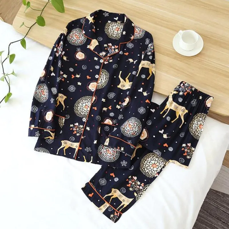 Wjczt Women's Two-Piece Home Suit For Spring And Aummer Thin Long-Sleeved Viscose Cotton Pants Pajamas Women Summer Pyjamas Set