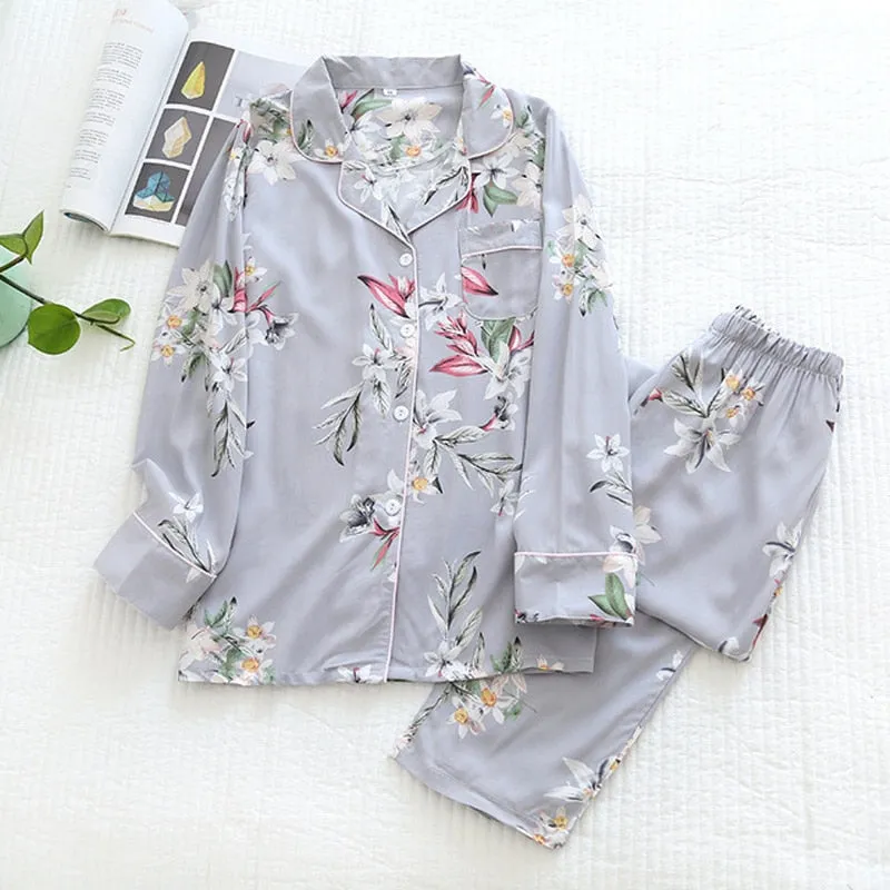 Wjczt Women's Two-Piece Home Suit For Spring And Aummer Thin Long-Sleeved Viscose Cotton Pants Pajamas Women Summer Pyjamas Set