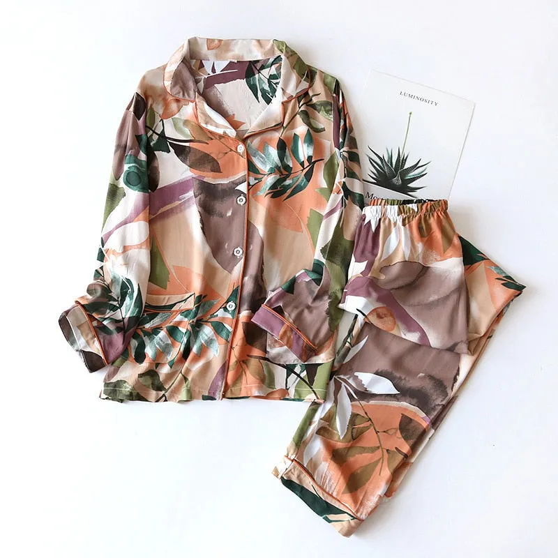 Wjczt Women's Two-Piece Home Suit For Spring And Aummer Thin Long-Sleeved Viscose Cotton Pants Pajamas Women Summer Pyjamas Set