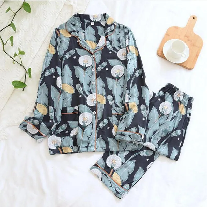 Wjczt Women's Two-Piece Home Suit For Spring And Aummer Thin Long-Sleeved Viscose Cotton Pants Pajamas Women Summer Pyjamas Set