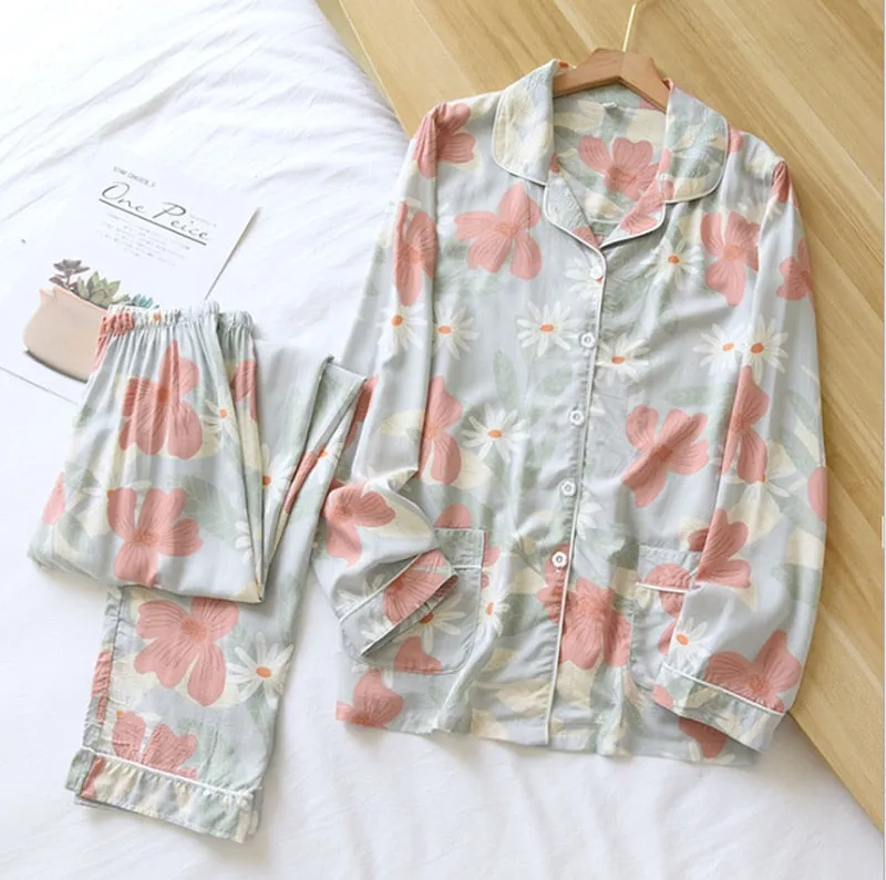 Wjczt Women's Two-Piece Home Suit For Spring And Aummer Thin Long-Sleeved Viscose Cotton Pants Pajamas Women Summer Pyjamas Set