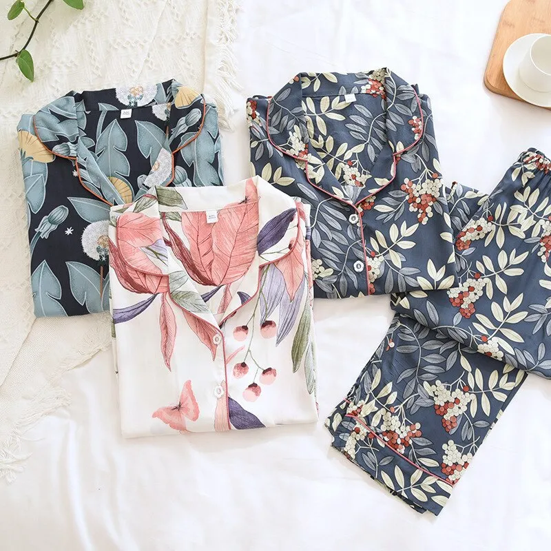 Wjczt Women's Two-Piece Home Suit For Spring And Aummer Thin Long-Sleeved Viscose Cotton Pants Pajamas Women Summer Pyjamas Set