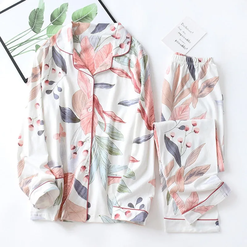 Wjczt Women's Two-Piece Home Suit For Spring And Aummer Thin Long-Sleeved Viscose Cotton Pants Pajamas Women Summer Pyjamas Set