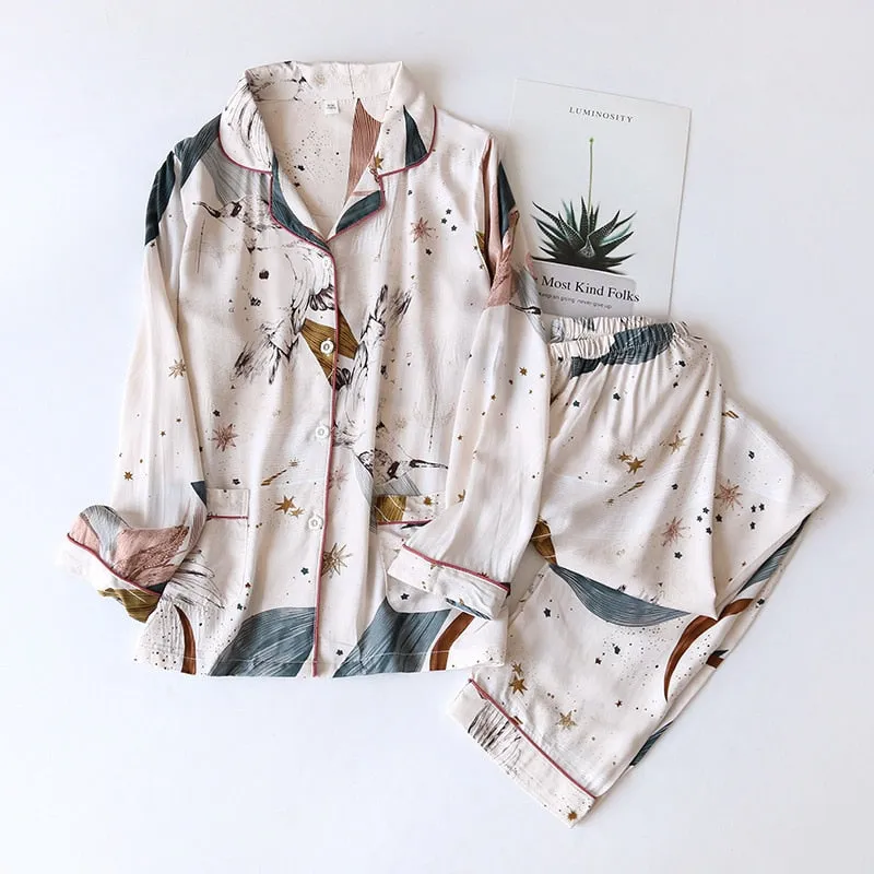Wjczt Women's Two-Piece Home Suit For Spring And Aummer Thin Long-Sleeved Viscose Cotton Pants Pajamas Women Summer Pyjamas Set