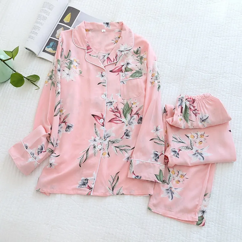 Wjczt Women's Two-Piece Home Suit For Spring And Aummer Thin Long-Sleeved Viscose Cotton Pants Pajamas Women Summer Pyjamas Set