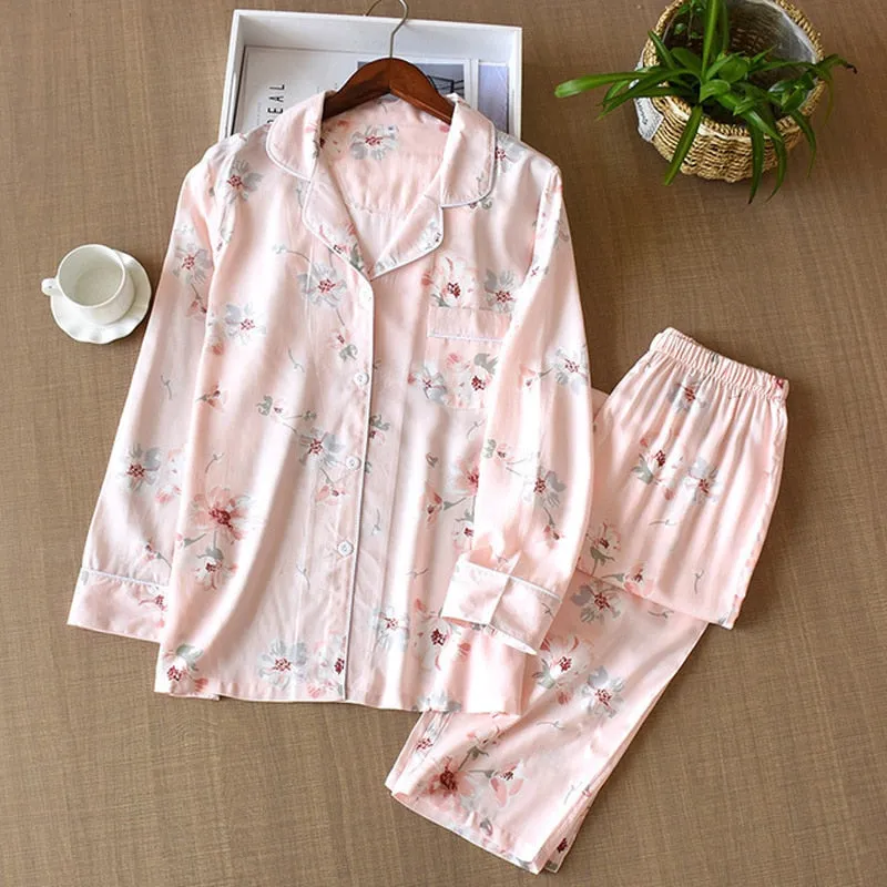 Wjczt Women's Two-Piece Home Suit For Spring And Aummer Thin Long-Sleeved Viscose Cotton Pants Pajamas Women Summer Pyjamas Set