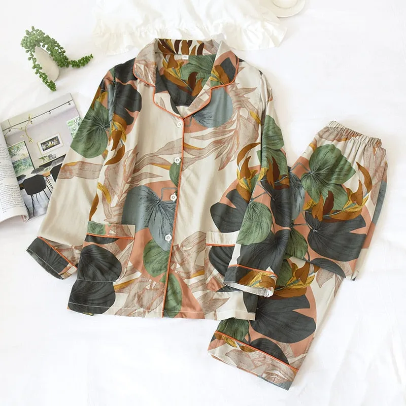 Wjczt Women's Two-Piece Home Suit For Spring And Aummer Thin Long-Sleeved Viscose Cotton Pants Pajamas Women Summer Pyjamas Set