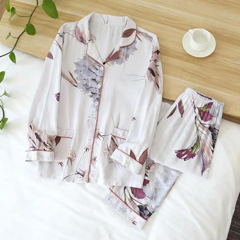 Wjczt Women's Two-Piece Home Suit For Spring And Aummer Thin Long-Sleeved Viscose Cotton Pants Pajamas Women Summer Pyjamas Set