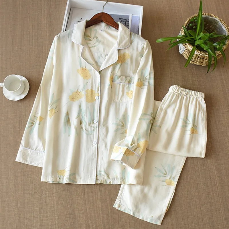 Wjczt Women's Two-Piece Home Suit For Spring And Aummer Thin Long-Sleeved Viscose Cotton Pants Pajamas Women Summer Pyjamas Set