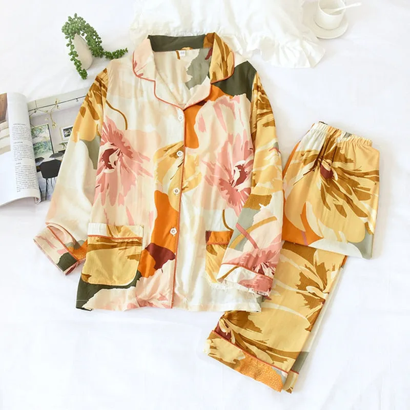 Wjczt Women's Two-Piece Home Suit For Spring And Aummer Thin Long-Sleeved Viscose Cotton Pants Pajamas Women Summer Pyjamas Set