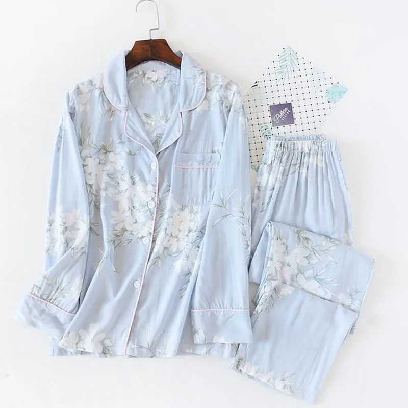 Wjczt Women's Two-Piece Home Suit For Spring And Aummer Thin Long-Sleeved Viscose Cotton Pants Pajamas Women Summer Pyjamas Set