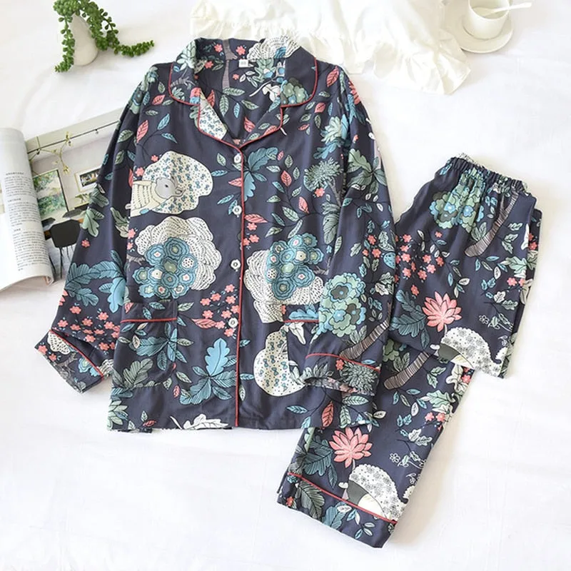 Wjczt Women's Two-Piece Home Suit For Spring And Aummer Thin Long-Sleeved Viscose Cotton Pants Pajamas Women Summer Pyjamas Set