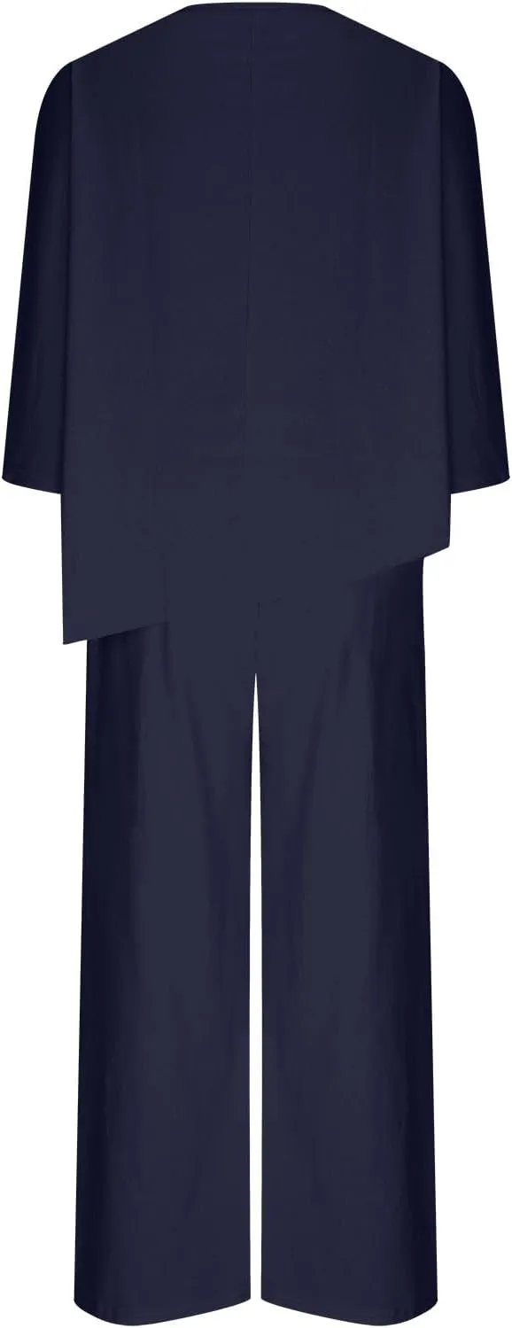 Women 2 Pcs Sets Cotton Linen Irregular Hem Outfit 3/4 Sleeve Button Trim Tops Wide Leg Pants Lounge Loose Tracksuit