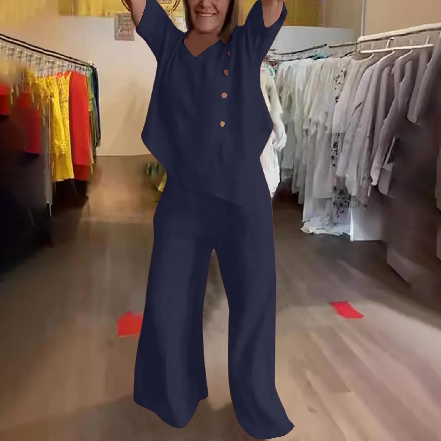Women 2 Pcs Sets Cotton Linen Irregular Hem Outfit 3/4 Sleeve Button Trim Tops Wide Leg Pants Lounge Loose Tracksuit