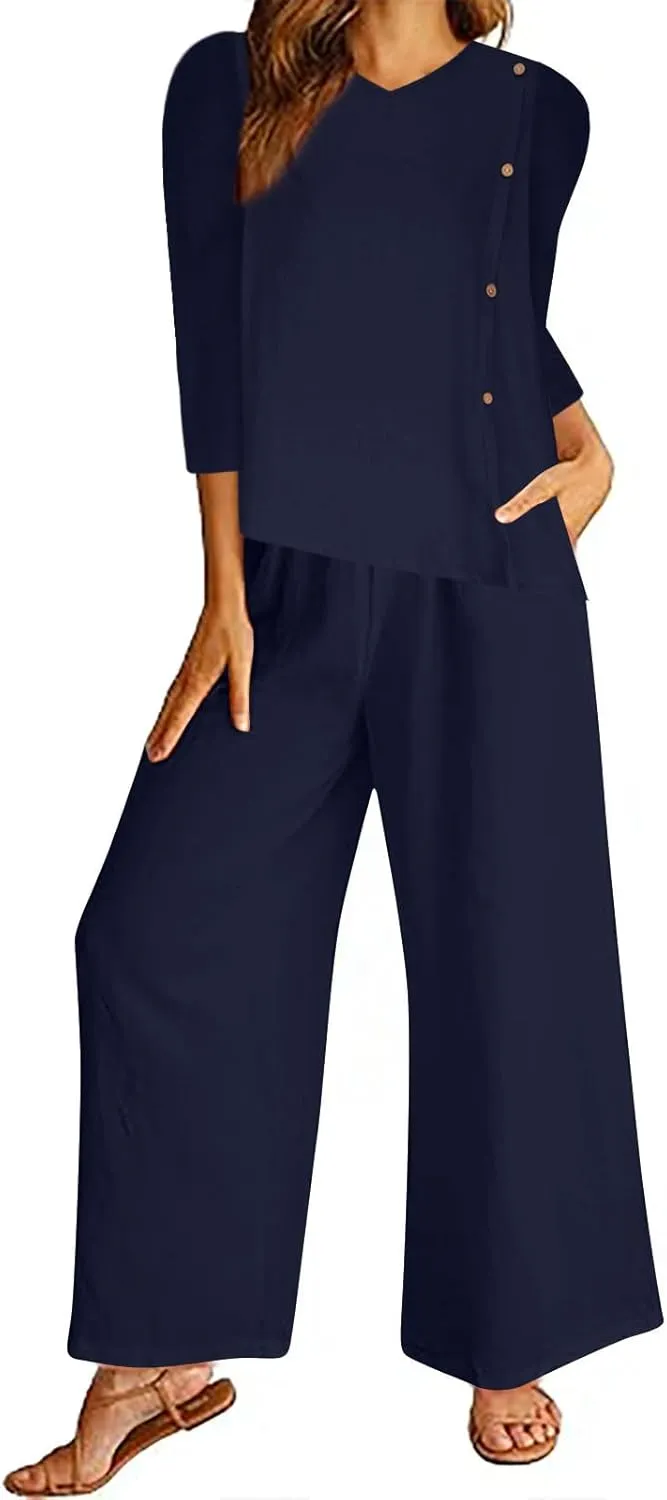 Women 2 Pcs Sets Cotton Linen Irregular Hem Outfit 3/4 Sleeve Button Trim Tops Wide Leg Pants Lounge Loose Tracksuit