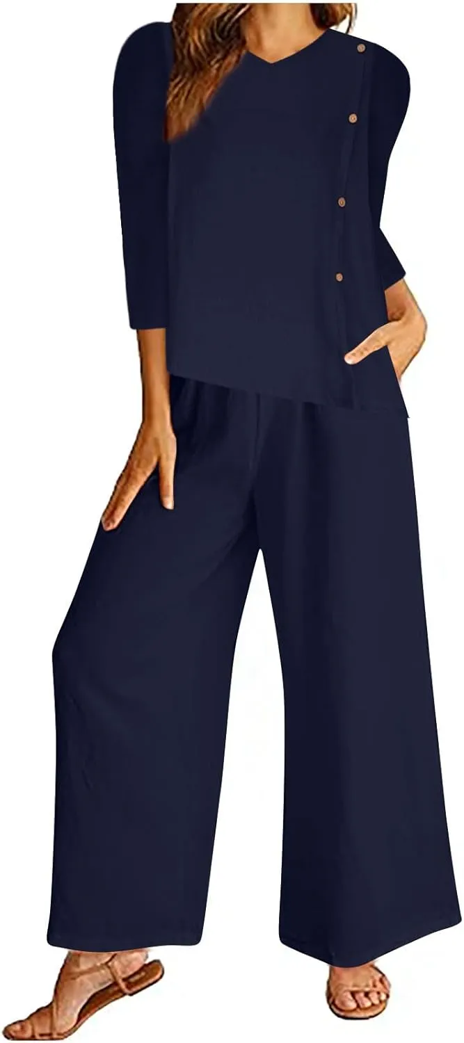 Women 2 Pcs Sets Cotton Linen Irregular Hem Outfit 3/4 Sleeve Button Trim Tops Wide Leg Pants Lounge Loose Tracksuit