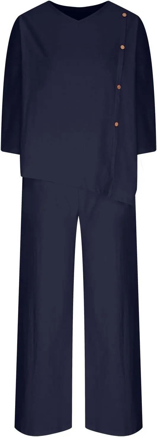 Women 2 Pcs Sets Cotton Linen Irregular Hem Outfit 3/4 Sleeve Button Trim Tops Wide Leg Pants Lounge Loose Tracksuit