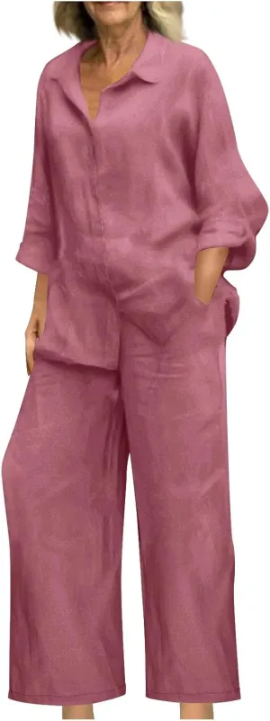 Women 2 Piece Linen Sets 2025 Button Down Shirt and Wide Leg Trousers Loose Fit Dressy Summer Lounge Outfits Plus Size