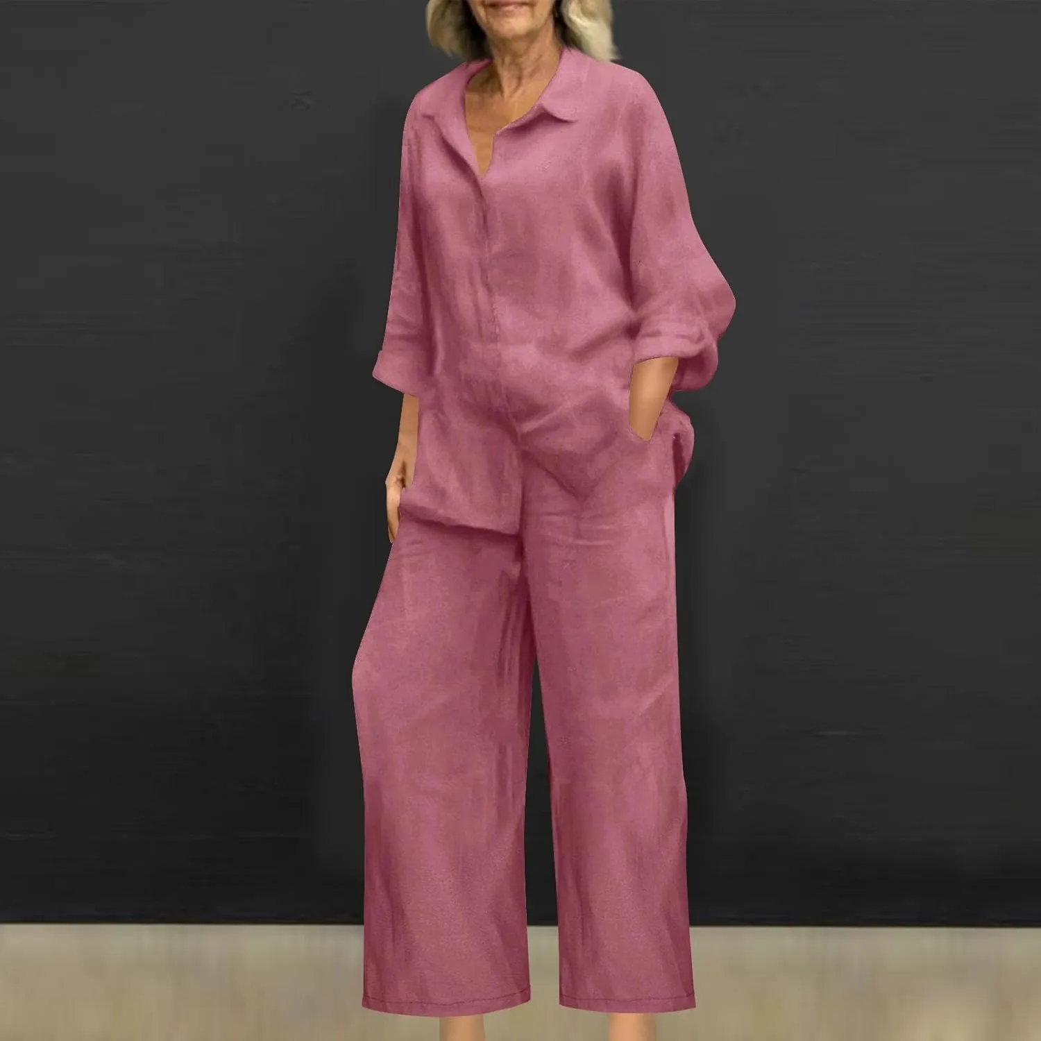 Women 2 Piece Linen Sets 2025 Button Down Shirt and Wide Leg Trousers Loose Fit Dressy Summer Lounge Outfits Plus Size