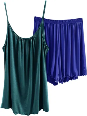 Women 2 Piece Lounge Sets Summer Sleeveless Cami Tank Top and Shorts Set Casual Solid Color Sexy Sleepwear Outfits