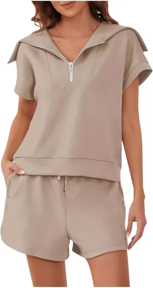 Women 2 Piece Outfit Sweatsuit Quarter Zip Up Short Sleeve Tops Shorts Matching Sets with Pocket Loungewear Tracksuit