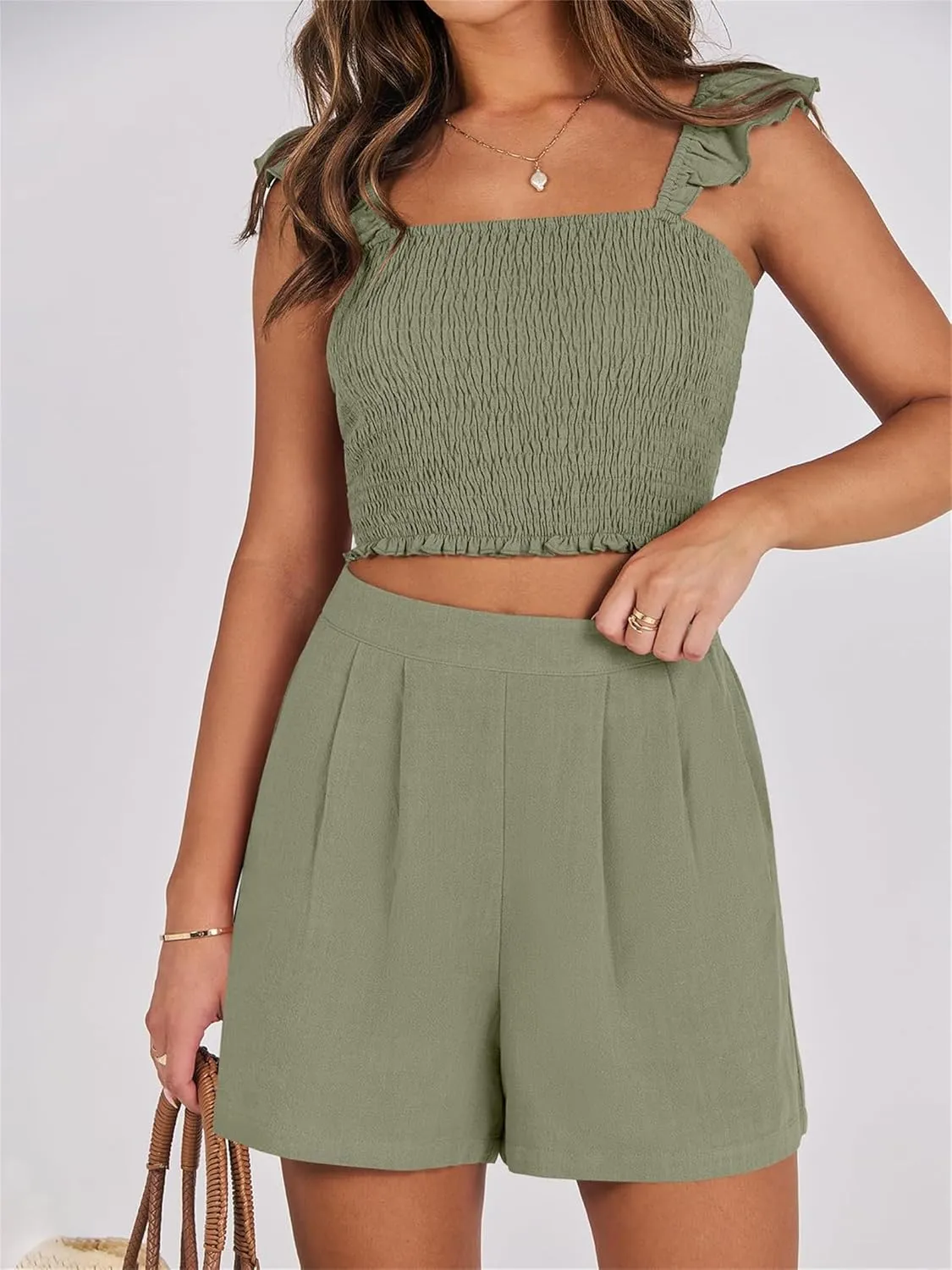 Women 2 Piece Outfits Sleeveless Textured Ruffle Crop Top and Pleated Shorts with Pockets Matching Short Lounge Sets Outfits