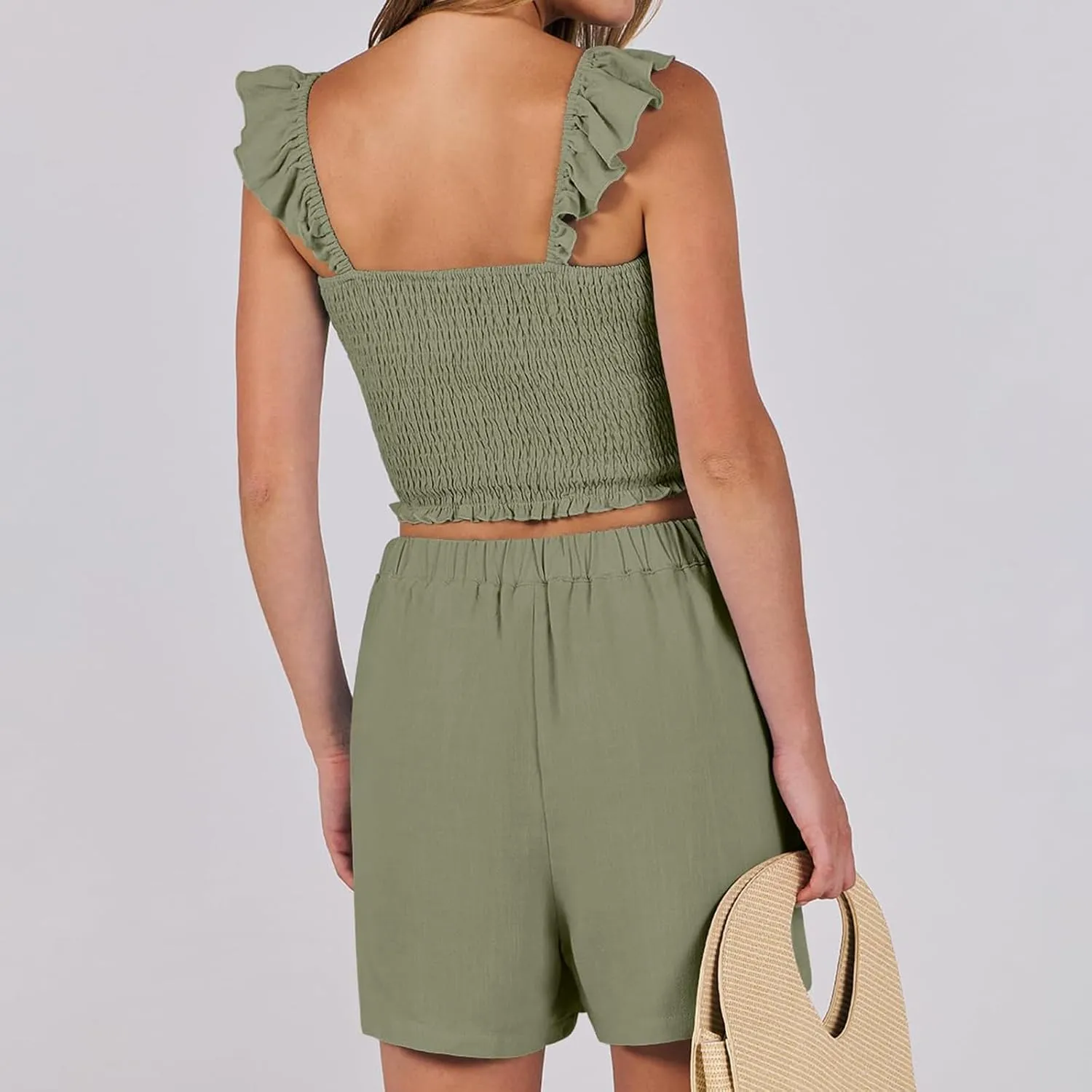 Women 2 Piece Outfits Sleeveless Textured Ruffle Crop Top and Pleated Shorts with Pockets Matching Short Lounge Sets Outfits