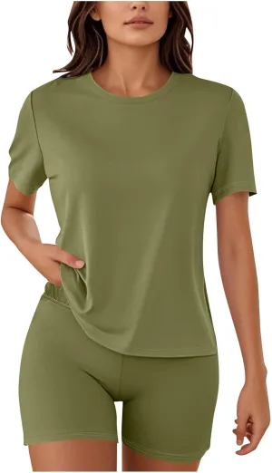 Women 2 Piece Outfits Summer Sweatsuits Casual Short Sleeve Top and Biker Shorts Workout Jogger Sets Loose Tracksuit