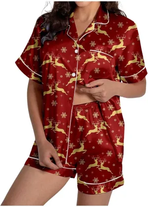 Women 2 Piece Pajamas Set Women's Pajamas Pattern Print Cute Pajamas Button Short Sleeve Top Shorts Set Pjs