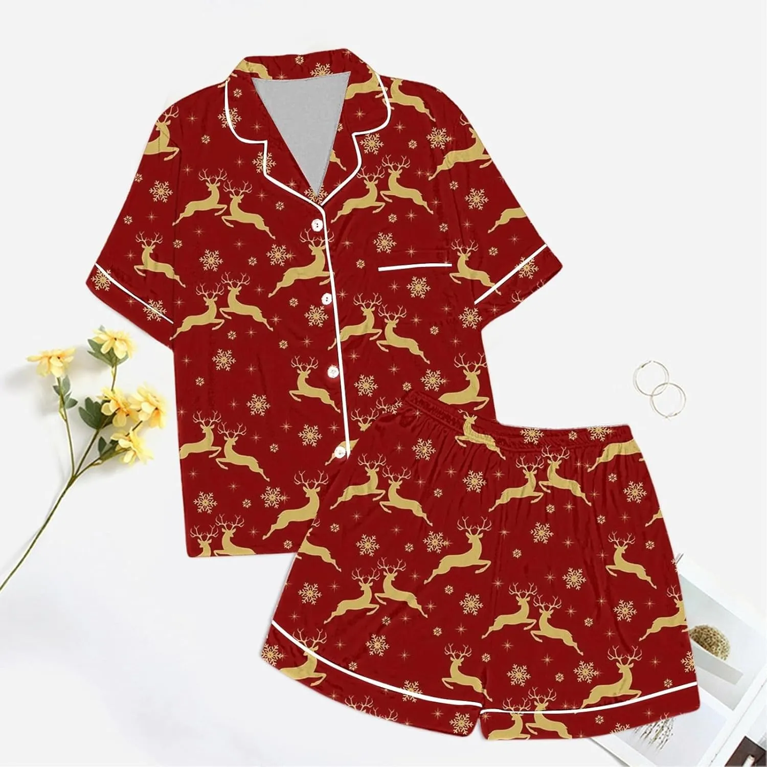 Women 2 Piece Pajamas Set Women's Pajamas Pattern Print Cute Pajamas Button Short Sleeve Top Shorts Set Pjs